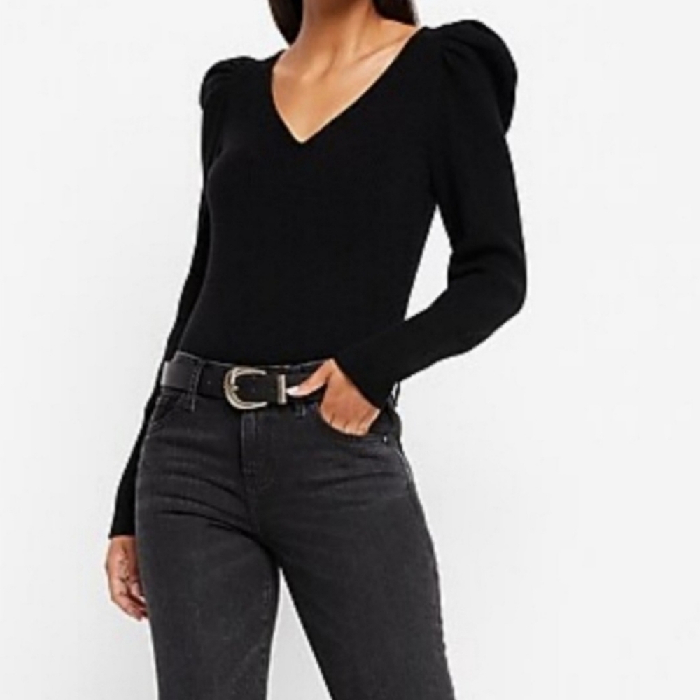 Express V neck Puff Sleeve Black Sweater